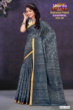 Maharani Pestal Gadhwal Cotton Saree with Grey Color and Luxurious Design