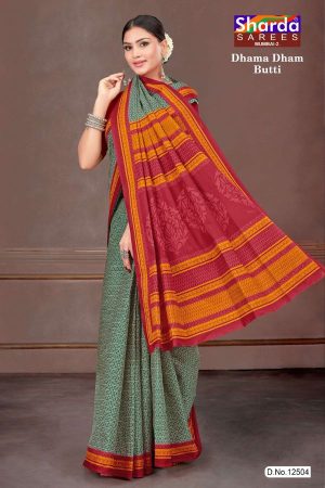 Dhama Dham Butti Cotton Saree in Grey and Red with Simple Design