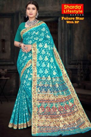 Future Star BP Sky Blue and Golden Saree with Elegant Border