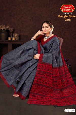 Bangla Street Varli Cotton Saree in Grey & Red with Accent Design