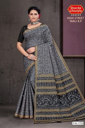 High Street Varli B.P Cotton Saree in Grey and Black with Accent Design