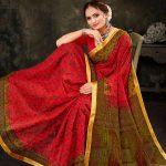 Millionaire Gadhwal cotton saree in bright red and light green with gorgeous design