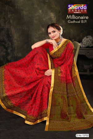 Millionaire Gadhwal cotton saree in bright red and light green with gorgeous design