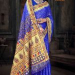 Model Draping Future Star Blue and Golden Saree