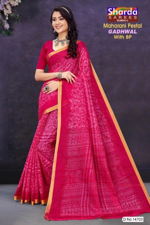 Maharani Pestal Gadhwal Cotton Saree with Pink Color and Luxurious Design