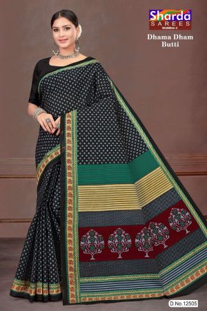 Close-up of Simple Butti Design on Black & Green Cotton Saree