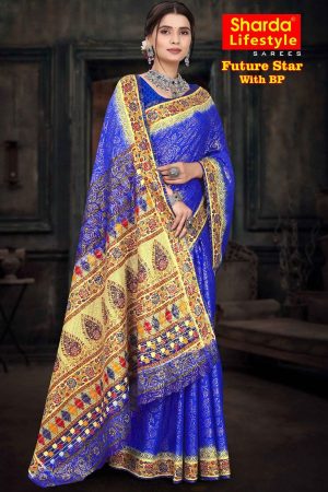 Model Draping Future Star Blue and Golden Saree