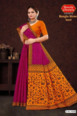 Bangla Street Varli Cotton Saree in Orange & Dark Pink with Accent Design