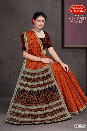 High Street Varli B.P Cotton Saree with Orange and Black Color