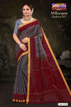 Millionaire Gadhwal cotton saree in grey and maroon with gorgeous design