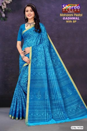 Maharani Pestal Gadhwal Cotton Saree with Blue Color and Luxurious Design