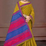 Model Wearing Dhama Dham Butti Cotton Saree in Dull Yellow & Pink