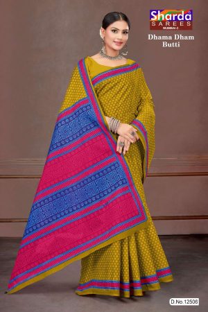 Model Wearing Dhama Dham Butti Cotton Saree in Dull Yellow & Pink