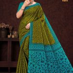 Bangla Street Varli Cotton Saree in Chutney Green & Blue with Accent Design