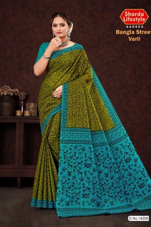 Bangla Street Varli Cotton Saree in Chutney Green & Blue with Accent Design