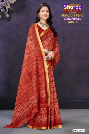 Maharani Pestal Gadhwal Cotton Saree with Orange Color and Luxurious Design