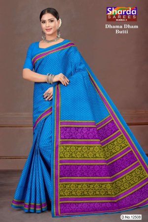 Dhama Dham Butti Cotton Saree in Blue and Green with Simple Design