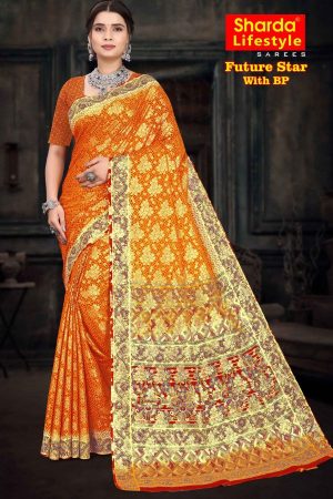 Future Star BP Orange and Golden Saree with Elegant Border