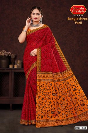 Model Wearing Bangla Street Varli Cotton Saree in Blood Red & Orange