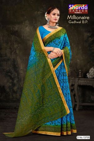 Millionaire Gadhwal cotton saree in blue and green with gorgeous design