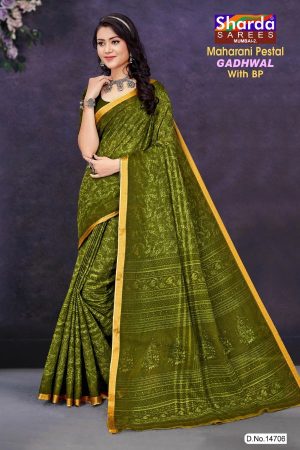 Maharani Pestal Gadhwal Cotton Saree with Green Color and Luxurious Design