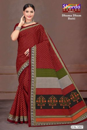 Close-up of Simple Butti Design on Maroon & Black Cotton Saree