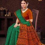 Bangla Street Varli Cotton Saree in Peacock Green & Orange with Accent Design