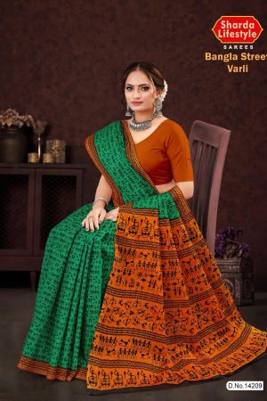 Bangla Street Varli Cotton Saree in Peacock Green & Orange with Accent Design