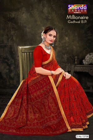 Millionaire Gadhwal cotton saree in hot orange and red with gorgeous design