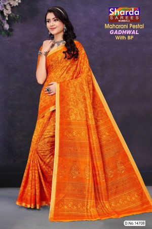 Maharani Pestal Gadhwal Cotton Saree with Light Orange Color and Luxurious Design