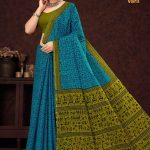 Bangla Street Varli Cotton Saree in Blue & Chutney Green with Accent Design