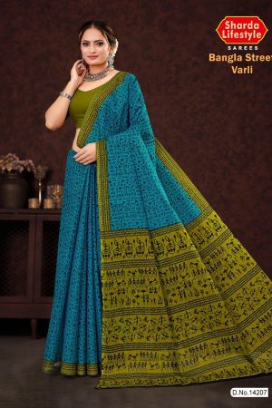 Bangla Street Varli Cotton Saree in Blue & Chutney Green with Accent Design