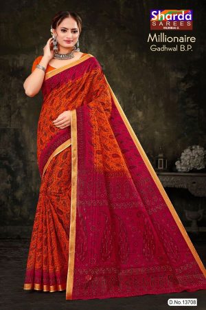 Millionaire Gadhwal cotton saree in orange and dark pink with gorgeous design