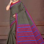 Model Wearing Dhama Dham Butti Cotton Saree in Grey & Blue