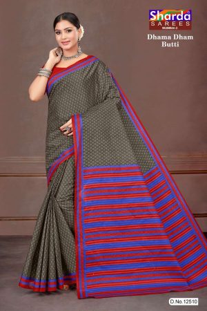 Model Wearing Dhama Dham Butti Cotton Saree in Grey & Blue