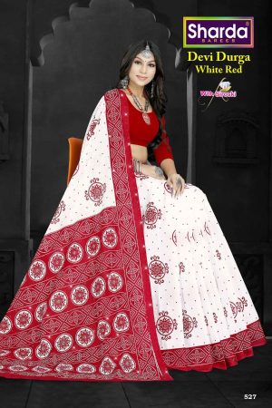 Devi Durga White Red Cotton Saree with Swarovski Embellishments