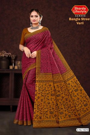 Bangla Street Varli Cotton Saree in Orange & Pink with Accent Design