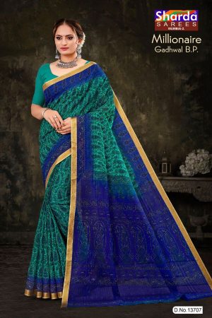 Millionaire Gadhwal cotton saree in peacock green and blue pink with gorgeous design