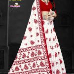 Devi Durga White Red Cotton Saree with Swarovski Peacock Design