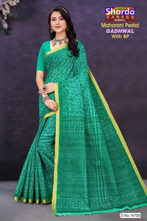 Maharani Pestal Gadhwal Cotton Saree with Peacock Green Color and Luxurious Design