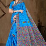 Model Wearing Balucha Cotton BP Cotton Saree in Blue & Grey