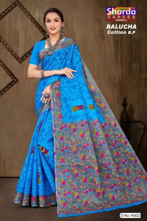 Model Wearing Balucha Cotton BP Cotton Saree in Blue & Grey