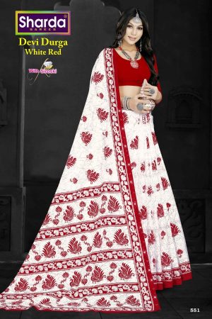 Devi Durga White Red Cotton Saree with Swarovski Peacock Design