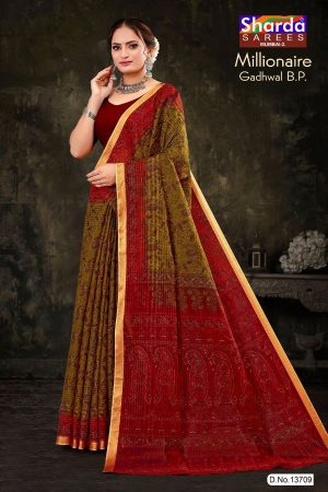 Millionaire Gadhwal cotton saree in mehndi green and red with gorgeous design