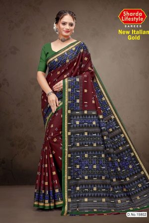 New Italian Gold Cotton Saree with Maroon Background and Elegant Design