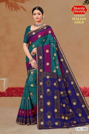 ITALIAN GOLD Cotton Saree in Dull Blue, Magenta, and Ivory Green with Stylish Design.