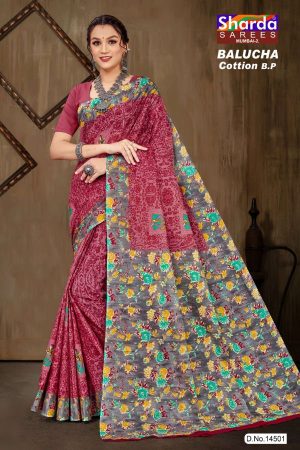 Balucha Cotton BP Cotton Saree in Light Maroon & Grey with Rose Flower Design