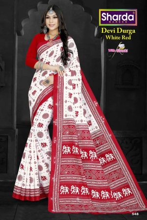 Devi Durga White Red Cotton Saree with Swarovski Elephant Design.