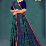 Kamakshi Gadhwal Cotton Saree with Metal Blue and Green Color and Fabulous Design