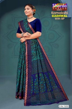 Kamakshi Gadhwal Cotton Saree with Metal Blue and Green Color and Fabulous Design